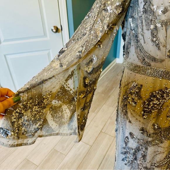 Mac Duggal 5222 SEQUINED WRAP SPLIT LONG SLEEVE GOWN NWT platinum Silver Sz 12 - Picture 7 of 15